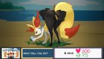 anthro black_body black_fur breasts butt butt_focus dialogue_box duo female flower fur grass male plant presenting presenting_hindquarters red_body red_fur small_breasts text white_body white_fur yellow_body yellow_fur smolevn nintendo pokemon ash_ketchum braixen canid canine generation_6_pokemon human mammal pokemon_(species) english_text