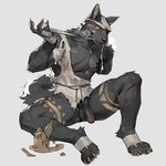 amputee anthro athletic athletic_anthro athletic_male balls bandage biped black_body black_fur black_nose breath claws clothed clothing disability eye_scar facial_scar figurine finger_claws fur genitals glans humanoid_genitalia humanoid_penis kemono looking_at_viewer male male_anthro markings mostly_nude one_arm pantsless paws penis pointy_ears scar simple_background sitting solo tail toe_claws torn_clothing white_background wounded liuxns canid canine canis mammal wolf
