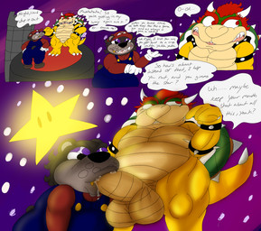 anthro balls big_balls big_butt big_penis bodily_fluids brown_body brown_fur butt dialogue duo eyebrows fellatio fur genitals gold_(metal) gold_tooth green_body green_scales hair horn lips male male/male oral penile penis purple_eyelids red_eyes red_hair saliva scales sex sharp_teeth shell slightly_chubby slightly_chubby_male spikes star tan_body teeth text jaythefox333 mario_bros nintendo bowser jay_(jaythefox333) bear koopa mammal scalie comic english_text hi_res