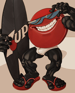 big_feet big_palms black_arms black_legs clothing eyewear feet flip_flops footwear long_feet male mascot muscular muscular_arms muscular_legs muscular_male not_furry red_body sandals shoes silver_sunglasses simple_background smile solo standing sunglass sunglasses surfer swimming_trunks swimwear teeth ravuer 7_up cool_spot humanoid 4:5 absurd_res hi_res