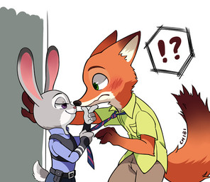 anthro black_nose blush bottomwear clothed clothing dipstick_ears dipstick_tail duo ear_markings eye_contact fully_clothed fur green_eyes grey_body grey_fur interrobang looking_at_another markings multicolored_ears multicolored_tail necktie orange_body orange_fur pants pink_nose purple_eyes shirt smile tail tail_markings topwear トマト豆太 disney zootopia judy_hopps nick_wilde canid canine fox lagomorph leporid mammal rabbit red_fox true_fox 2016