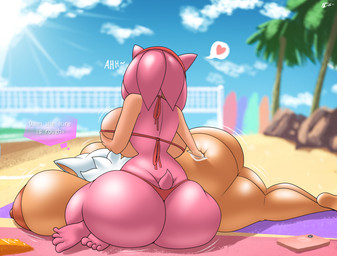 accessory anthro areola beach beach_towel big_areola big_breasts big_butt big_nipples bikini blue_sky breasts brown_areola brown_nipples butt butt_grab butt_squish cellphone clothing cloud dialogue duo electronics female hair hair_accessory hairband hand_on_another's_butt hand_on_breast hand_on_butt hand_on_own_breast holding_breast huge_areola huge_breasts huge_butt hyper hyper_breasts lying motion_lines multicolored_body net nipples nude nude_anthro nude_female on_front outside palm_tree phone pink_body pink_ears pink_hair pink_tail plant red_bikini red_bikini_bottom red_bikini_top red_clothing red_hairband red_swimwear scut_tail short_tail sitting sky speech_bubble squish sun sunbathing sunscreen surfboard swimwear tail tan_body tan_inner_ear text thick_thighs thought_bubble towel tree two-piece_swimsuit two_tone_body volleyball_net white_ears white_hair ic-icle sega sonic_the_hedgehog_(series) amy_rose rouge_the_bat bat eulipotyphlan hedgehog mammal 2026 absurd_res colored digital_media_(artwork) english_text hi_res shaded signature