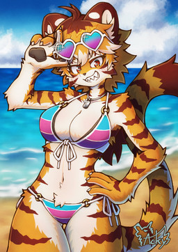 4_fingers anthro arm_tuft beach bikini breasts clothing collarbone dog_tags elbow_tuft eyebrows eyelashes eyewear eyewear_on_head female fingers front-tie_bikini fur gloves_(marking) hair hand_on_hip heart_sunglasses jewelry markings navel necklace orange_body orange_eyes orange_fur orange_hair pattern_bikini pattern_clothing pattern_swimwear shoulder_tuft side-tie_bikini smile solo string_bikini striped_bikini striped_body striped_clothing striped_fur striped_swimwear stripes sunglasses sunglasses_on_head swimwear thigh_gap tuft two-piece_swimsuit wearing_sunglasses white_body white_fur acky05 felid mammal pantherine tiger 2026 absurd_res hi_res