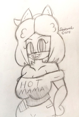 anthro bare_shoulders big_breasts bottomwear breasts cleavage clothed clothed_anthro clothed_female clothing collarbone eyelashes female hair hand_on_hip looking_at_viewer open_mouth open_smile pants smile solo teeth text text_on_clothing text_on_topwear tooth_gap topwear digicombo june_(jinu) canid canine canis domestic_dog mammal shiba_inu spitz 2018 absurd_res dated english_description english_text graphite_(artwork) half-length_portrait hi_res portrait signature traditional_media_(artwork)