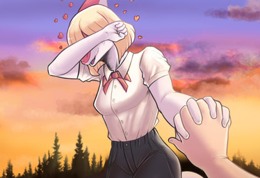 5_fingers ambiguous_gender ambiguous_pov anthro blonde_hair bone_frill bottomwear bow_tie breasts clothed clothing collared_shirt covering covering_eyes covering_face disembodied_hand dress_shirt duo faceless_character faceless_human female female/ambiguous female_anthro fingers first_person_view fist frill_(anatomy) hair hand_holding heart_symbol high_waisted_bottomwear human_pov orange_body outside pants plant shirt sky skyscape smile solo_focus standing sunset topwear tree deadassspider cavemanon_studios goodbye_volcano_high ko_op_(game_developer) snoot_game naomi_(gvh) dinosaur hadrosaurid human mammal ornithischian ornithopod parasaurolophus prehistoric_species reptile scalie