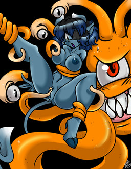 1_eye anthro blue_hair breasts duo evil_grin eye_patch eyewear female forced grey_body grey_skin hair hooves looking_down nipples nude one_eye_visible open_mouth rape sex smile tail tentacle_rape tentacle_sex tentacles xizana merah_(xizana) demon tentacle_creature hi_res