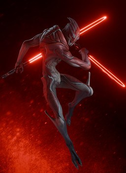 abstract_background action_pose animal_genitalia claws genital_slit genitals looking_at_viewer male melee_weapon nude pose solo sword weapon myackao bioware electronic_arts mass_effect xerathis alien turian hi_res