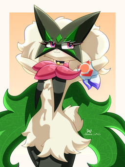 anthro big_eyes collar female fluffy mask pink_eyes smile smirk solo danna_lamichi nintendo pokemon rose_(razgrizdl) generation_9_pokemon meowscarada pokemon_(species) 3:4 hi_res