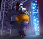 after_vore anthro anthro_pred belly big_belly big_breasts big_butt bottomwear bra breasts butt butt_jiggle clothing crop_top cutout digestion_noises electronics female female_pred fully_inside grey_body hair hand_on_butt hand_on_own_butt holding_microphone holding_object jiggling looking_back microphone musician oral_vore shirt shorts shoulder_cutout smile solo stage topwear underwear vore walking_away weight_gain white_hair foxynoms cassidy_civet civet mammal viverrid absurd_res digital_media_(artwork) hi_res