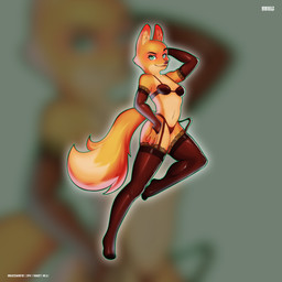 anthro bra breasts clothing female fluffy fluffy_tail garter_straps hand_behind_head lace legwear lingerie looking_at_viewer midriff navel panties piercing pose raised_arm simple_background slim small_breasts smile smiling_at_viewer solo sticker stockings tail thong underwear wear baxizdarkfox dreamworks the_bad_guys diane_foxington humanoid 1:1 absurd_res full-length_portrait hi_res pinup portrait