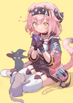 accessory alternate_species black_body black_clothing black_gloves black_handwear breasts cellphone clothing electronics female feral footwear furrification gloves group hair handwear hat hat_only headband headgear headgear_only headwear headwear_only holding_object holding_phone jacket legwear mostly_nude phone pink_hair pouch_(clothing) shoes simple_background smartphone smile stockings tail topwear witch_hat yellow_background yellow_eyes young klaius arknights hypergryph studio_montagne goldenglow_(arknights) haze_(arknights) animal_humanoid cat_humanoid domestic_cat felid felid_humanoid feline feline_humanoid felis humanoid mammal mammal_humanoid 2022 absurd_res digital_media_(artwork) hi_res