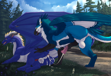 animal_genitalia animal_penis anus balls blue_body bodily_fluids butt claws cum cum_in_ass cum_inside duo equine_genitalia equine_penis erection feathered_wings feathers feral frill_(anatomy) genital_fluids genitals horn knot male male/male open_mouth penis spread_anus spreading tail wings conditional_dnp zenrii mythology luamir rmmlusitania_(character) avian dragon gryphon mythological_avian mythological_creature mythological_scalie scalie absurd_res hi_res