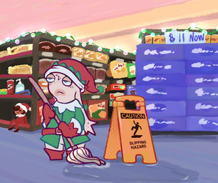 anthro belt belt_buckle blue_eyes boots bored box bread buckle can chips_(food) christmas_clothing christmas_headwear cleaning_tool closed_frown clothed clothed_male clothing container doll floppy_ears food footwear freckled_face freckles frown fur green_clothing green_jacket green_topwear half-closed_eyes handwear hat headgear headwear holding_cleaning_tool holding_mop holding_object holidays inside jacket light long_ears lop_ears male male_anthro mittens mop mopping mouth_closed multicolored_body narrowed_eyes no_pupils pantsless_anthro pantsless_male potato_chips puddle red_belt red_boots red_clothing red_footwear red_handwear red_hat red_headwear red_mittens santa_hat shelf shoes sign soap_dispenser solo standing store string_lights tan_body tan_eyelids tan_skin text topwear two_tone_body water white_body white_fur critterzone13 christmas elf_on_the_shelf raving_rabbids rayman_(series) ubisoft fan_character lemon_(critterzone13) lagomorph mammal rabbid 2023 colored digital_drawing_(artwork) digital_media_(artwork) english_description english_text lighting shaded