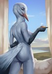 anthro beak beverage butt detailed_background feathers female grey_body grey_feathers holding_glass holding_object horizon long_neck looking_at_viewer looking_back looking_back_at_viewer red_eyes scuted_arms scutes smile solo standing tail tail_feathers mcrepsi cellina_(slither) avian bird blue_crane crane_(bird) gruiform grus_(genus) hi_res