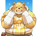 anthro belly blush book brown_body brown_fur clothing fur gloves handwear magic_user male overweight overweight_male smile solo spellbook tattoo ayame42612 syoubu426 crave_saga gabu_(crave_saga) bear mammal 2023 hi_res