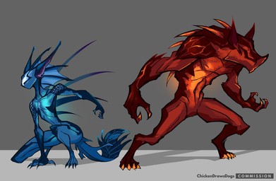 action_pose ambiguous_gender anthro big_shoulders black_claws blue_body blue_markings blue_skin claws crouching dark_markings digitigrade duo eyeless faceless faceless_anthro faceless_character featureless_chest featureless_crotch fin flat_chested glowing glowing_blue head_fin long_spikes markings muscular muscular_ambiguous navel nude orange_claws orange_glow pointy_nose pose purple_inner_ear red_body red_markings red_skin scales simple_background slim small_waist spikes spikes_(anatomy) wide_hips chickendrawsdogs digital_extremes tencent warframe canid canine felid feline kavat kubrow mammal werecreature hi_res signature