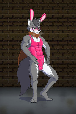 4_toes 5_fingers abs alley angry anthro athletic athletic_anthro athletic_male balls_outline barefoot black_hair black_nails black_nose blush blush_lines bodily_fluids body_control brick brick_background brick_wall brown_cape brown_clothing bulge cape cheek_tuft claws clenched_teeth clothing colored_nails costume detailed_bulge emanata embarrassed erection erection_under_clothing eyebrows facial_markings facial_tuft fangs feet fingers forced forced_dancing forced_erection fur fur_markings genital_fluids genital_outline genitals green_eyes grey_background grey_body grey_fur grey_tail haigure hair head_markings head_tuft humanoid_genitalia humanoid_penis humiliation humiliation_fetish latex latex_clothing leotard male markings nails outside penis penis_outline precum precum_on_penis presenting presenting_penis purple_markings rabbit_ears simple_background solo spandex spandex_clothing spread_legs spreading squirming standing tail teeth teeth_showing thrust_lines thrusting tight_clothing toe_claws toes tuft unwanted_erection wall_(structure) white_body white_eyebrows white_fur lmania329 canid canine canis mammal wolf hi_res