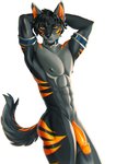 abs anthro athletic athletic_anthro athletic_male balls big_balls big_penis black_body black_hair black_nose bodily_fluids bracelet collar collar_only genitals grey_body hair horn huge_penis humanoid_genitalia humanoid_penis jewelry long_penis looking_at_viewer male nude orange_eyes orange_pattern orange_penis orange_stripes penis pose simple_background solo stripes theultimategoose white_background butterflysneeze canid canine canis domestic_dog mammal hi_res