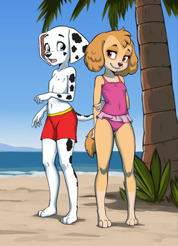 3_toes 5_fingers anthro beach clothing duo feet female fingers male outside swimwear toes young young_anthro diacordst paw_patrol marshall_(paw_patrol) skye_(paw_patrol) canid canine canis cockapoo dalmatian domestic_dog mammal mixed_breed hi_res
