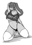 anthro clothed clothing clothing_lift crop_top female floppy_ears hair hair_over_eyes kneeling legwear off_shoulder raised_arm shaded_sketch shirt shirt_lift solo thigh_highs thong topwear underwear akari_dealer lagomorph leporid mammal rabbit absurd_res hi_res monochrome