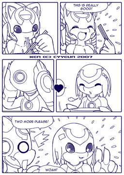 :o ^o^ anthro chopsticks dialogue duo eyes_closed female female_anthro food heart_symbol holding_chopsticks holding_object male male_anthro noodles o_o open_mouth open_smile ramen requesting smile speech_bubble surprised talking_to_another text cyyeun xen_(series) izzy_(xen) switch_(xen) alien 2007 artist_name blue_and_white comic dated english_text monochrome