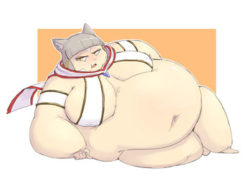 accessory annoyed arm_support armband bangs belly belly_overhang big_belly big_breasts biped blunt_bangs bottomless breasts chubby_cheeks clothed clothing deep_navel facial_markings fat_arms female frown grey_hair hair hair_accessory hair_tie head_markings huge_belly inner_boob inner_ear_fluff light_body light_skin lounging love_handles lying markings morbidly_obese morbidly_obese_female morbidly_obese_humanoid narrowed_eyes navel obese obese_female obese_humanoid on_side open_frown open_mouth overweight overweight_female overweight_humanoid partially_clothed scarf short_hair side_bangs side_boob simple_background solo thick_arms thick_thighs topwear tuft yellow_eyes subakitsu xenoblade_(series) nia_(xenoblade) animal_humanoid cat_humanoid felid felid_humanoid feline feline_humanoid gormotti humanoid mammal mammal_humanoid digital_drawing_(artwork) digital_media_(artwork) full-length_portrait portrait