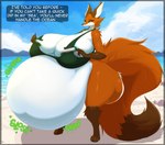 after_vore anthro beach belly big_belly big_breasts breasts butt clothing dialogue female female_pred fur green_eyes huge_belly huge_breasts hyper hyper_breasts orange_body orange_fur outside sand seaside sky solo sound_effects tail text thick_thighs vore water white_body white_fur asaneman kea_(asaneman) canid canine fox mammal absurd_res digital_media_(artwork) english_text hi_res