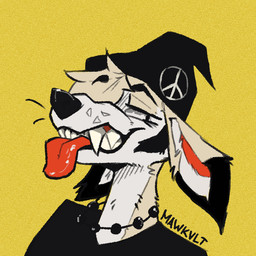 anthro blonde_hair clothing ears_down fur hair hat headgear headwear jewelry looking_at_viewer male necklace peace_symbol pivoted_ears solo teeth teeth_showing tongue tongue_out wearing_hat white_body white_fur mawkvlt sn1ttrdog