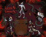 5:4 absurd_res ambiguous_gender armor clothing english_text facial_piercing female gauntlets gloves handwear hi_res lacey_(fluxen) lance_(fluxen) male melee_weapon nose_piercing piercing sergal solo sword tail tentacles text uniform universaldragon weapon