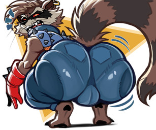 anthro big_butt biped bottom_heavy bottomwear brown_body brown_fur brown_hair butt clothed clothed_male clothing facial_markings femboy fluffy fluffy_tail fur hair head_markings huge_butt huge_thighs male markings mask_(marking) pants red_eyes shortstack shortstack_male solo standing striped_markings striped_tail stripes tail tail_aside tail_markings text thick_thighs tight_bottomwear tight_clothing tight_pants wide_hips doeswhatever guardians_of_the_galaxy marvel marvel_rivals rocket_raccoon mammal procyonid raccoon english_text hi_res