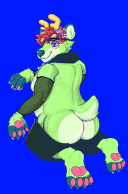 accessory anthro antlers anus armwear belly big_butt biped blue_background blush bottomwear bottomwear_down butt cheek_tuft claws clothed clothing countershade_butt countershade_fur countershading dipstick_ears ear_markings eyebrow_through_hair eyebrows eyelashes eyewear facial_tuft feet finger_claws fingerless_(marking) fishnet_armwear fishnet_clothing flower flower_in_hair fur green_body green_fur hair hair_accessory handpaw heart_eyes heart_symbol horn male multicolored_ears orange_eyes partially_clothed pawpads paws pink_pawpads plant purple_eyelids red_hair scut_tail short_tail shorts shorts_down simple_background smile snout soles solo sunglasses tail tail_tuft text toe_claws toeless_(marking) translucent translucent_hair tuft korrithabear ravepop_(russelbuck) russelbuck_(copyright) tamagotchi russelbuck_(character) canid canine canis deer domestic_dog hybrid mammal 2025 english_text hi_res unfinished