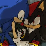 anthro black_body black_fur blue_body blue_fur clothing duo fur gloves green_eyes gun handgun handwear holding_gun holding_object holding_ranged_weapon holding_weapon kneeling looking_down male ranged_weapon red_body red_eyes red_fur sitting weapon bukikobuta sega sonic_the_hedgehog_(series) shadow_the_hedgehog sonic_the_hedgehog eulipotyphlan hedgehog mammal 1:1 2013 low_res