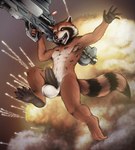 abs anthro armpit_hair athletic athletic_anthro athletic_male balls big_balls big_penis biped body_hair explosion feet full_foot_pawpads fur genitals holding_object holding_weapon humanoid_genitalia humanoid_penis male nude paws penis pubes ranged_weapon rocket_launcher solo weapon weapon_on_shoulder corrsk guardians_of_the_galaxy marvel rocket_raccoon mammal procyonid raccoon digital_media_(artwork) hi_res