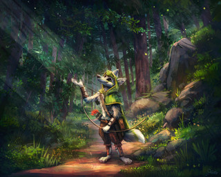 4_toes anthro arrow_(weapon) barefoot biped bottomwear bow_(weapon) clothed clothing detailed_background feet forest fur green_clothing green_eyes green_hair hair holding_bow_(weapon) holding_object holding_ranged_weapon holding_weapon male outside plant plantigrade quiver_(object) raining ranged_weapon solo standing toes topwear tree weapon white_body white_fur jacato canid canine mammal 2020 digital_media_(artwork) digital_painting_(artwork) hi_res painting_(artwork)