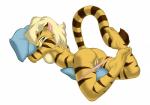 anthro avoid_posting bbmbbf breasts butt clothed clothing digital_media_(artwork) felid female genitals hi_res kara_(furryneko) looking_at_viewer mammal pantherine panties panties_down partially_clothed pillow pussy solo tiger topless underwear underwear_down