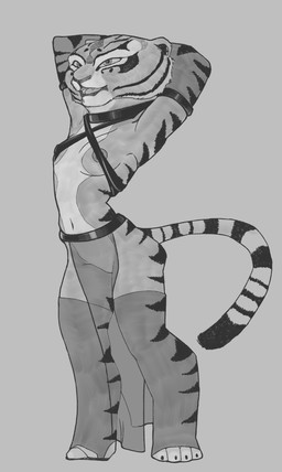 anthro areola areola_slip belly biped bottomwear bra breasts clothing feet female female_anthro fur hands_behind_head legwear loincloth markings navel open_mouth solo standing stirrup_legwear stirrup_stockings stockings striped_body striped_fur striped_markings striped_tail stripes tail tail_markings toes translucent translucent_clothing translucent_loincloth underwear doomrior dreamworks kung_fu_panda master_tigress felid mammal pantherine tiger absurd_res digital_media_(artwork) full-length_portrait greyscale hi_res monochrome portrait