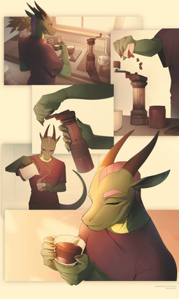 anthro beverage black_horn clothed clothing coffee coffee_grinder container cup eyes_closed green_body holding_container holding_cup holding_mug holding_object horn inside male male_anthro mouth_closed mug pink_eyes red_clothing red_shirt red_t-shirt red_topwear shirt solo standing t-shirt topwear unknowhiter mythology dragon mythological_creature mythological_scalie scalie 2025 absurd_res comic hi_res