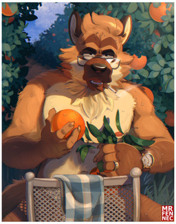anthro black_nose bodily_fluids brown_body brown_fur chair cigarette cigarette_in_mouth clock convenient_censorship digit_ring eyewear eyewear_only finger_ring food fruit fur furniture glasses glasses_only jewelry male nude nude_anthro nude_male object_in_mouth orange_(fruit) plant solo sweat watch wearing_glasses wristwatch srfennec blacksad chief_smirnov canid canine canis domestic_dog german_shepherd herding_dog mammal pastoral_dog hi_res