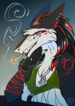 anthro cigarette fangs female fluffy fur happy looking_at_viewer smile smoke smoking solo teeth sunny_way vilous heni_(character) sergal hi_res portrait