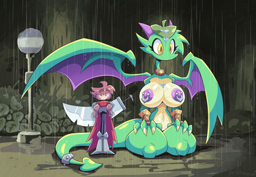 2_horns 4_fingers accessory anthro areola armband armlet armor big_breasts black_eyes breasts brown_clothing brown_eyebrows brown_gloves brown_hair brown_handwear brown_neckwear cape claws clothed clothed/mostly_nude clothed_male clothing dripping_wet eyebrows eyelashes female female_anthro finger_claws fingers furgonomics gloves green_body green_tail green_wings group hair hand_on_leg hand_on_own_leg hand_on_own_thigh hand_on_thigh hands_on_legs hands_on_own_legs hands_on_own_thighs hands_on_thighs handwear horn jewelry kneeling knight larger_anthro larger_female leaf leaf_on_head male male_human melee_weapon membrane_(anatomy) membranous_wings mostly_nude_anthro mostly_nude_female multicolored_body multicolored_tail multicolored_wings night nipple_piercing nipples non-mammal_breasts outside piercing pupils purple_areola purple_horn purple_nipples purple_wings raining red_cape red_clothing ring sign size_difference small_waist smaller_human smaller_male spade_tail spiked_armband spiked_tail_ring spikes sword tail tail_accessory tail_jewelry tail_ring thick_eyebrows thick_thighs thin_thighs warrior weapon wet wings yellow_body yellow_breasts yellow_eyes yellow_tail drshanks24 ghibli my_neighbor_totoro mythology totoro_bus_stop kiwi_(drshanks24) sage_blackhorn dragon human mammal mythological_creature mythological_scalie scalie 2026 digital_media_(artwork) hi_res