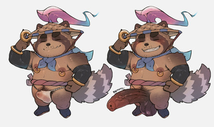 anthro big_penis blush genitals male nipple_piercing nipples penis piercing short shortstack small_but_hung smile solo retsito league_of_legends riot_games tencent spirit_blossom_teemo teemo_(lol) humanoid mammal procyonid raccoon yordle hi_res
