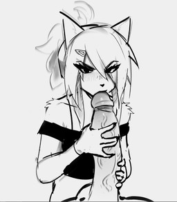 anthro big_penis black_clothing black_shirt black_topwear clothing collarbone dominant duo female fur genitals holding_penis huge_penis humanoid_genitalia humanoid_penis larger_dom larger_male looking_at_viewer male male/female oral penis penis_on_face shirt size_difference topwear vein veiny_penis ghwostpawz gray_(ghwostpawz) felid feline mammal line_art monochrome unfinished nonbinary_(lore)