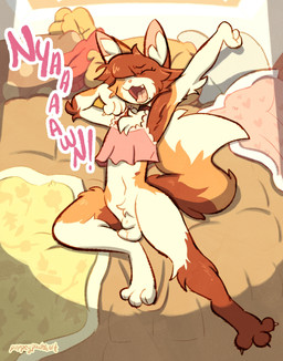 animal_genitalia balls bed bed_sheet bedding bottomless bottomless_male chest_tuft choker clothed clothing femboy fluffy fluffy_tail fully_sheathed furniture genitals inner_ear_fluff jewelry male navel necklace on_bed pillow sheath sleeping solo stretching tail teeth tongue tuft puppeypawbs syrup_(puppeypawbs) calico_cat domestic_cat felid feline felis mammal 2026 hi_res