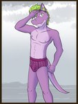 3:4 anthro border briefs briefs_only bulge clothed clothing dragon european_mythology fuze hi_res male mythological_creature mythological_scalie mythology navel nipples pinup pose rail_felflame_(fuze) scalie solo tail topless underwear underwear_only western_dragon yellow_border