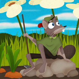 anthro beaver_tail blue_eyes bottomwear brown_body brown_bottomwear brown_clothing brown_shorts carrot clothing fingers flower food grass green_clothing green_hat green_headwear green_poncho hat headgear headwear hoe male plant rock shorts solo tools vegetable jack-a-lappit beaver hybrid mammal mouse murid murine rodent 1:1 2024 2025 digital_media_(artwork) hi_res