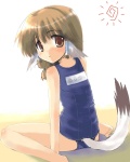 brown_eyes brown_hair clothing female hair long_hair looking_at_viewer looking_back one-piece_swimsuit pigtails school_swimsuit sitting solo swimwear tail young hara_takehito utawarerumono aruru animal_humanoid canid canid_humanoid canine canine_humanoid canis dog_humanoid domestic_dog humanoid mammal mammal_humanoid 4:5