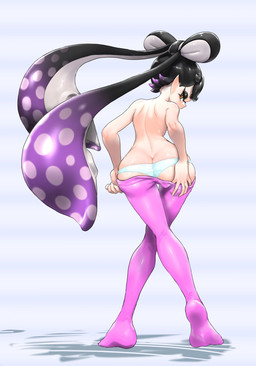 butt clothed clothing female hand_on_butt humanoid_pointy_ears leggings legwear not_furry panties pointy_ears pseudo_hair rear_view simple_background solo tentacle_hair tentacles topless twintails_(hairstyle) underwear undressing koharuno2 nintendo splatoon callie_(splatoon) aquatic cephalopod humanoid inkling mollusk hi_res letterbox