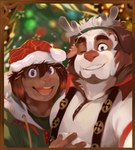 accessory anthro blue_eyes blurred_background border brown_border brown_nose buckteeth cheek_tuft christmas_clothing christmas_headwear christmas_tree claws clothed clothing duo ear_piercing facial_tuft fake_horns fingers front_view glistening glistening_eyes grin hair_accessory hairclip hand_on_chest hat headgear headwear holidays hoodie looking_at_viewer male one_eye_closed open_mouth open_smile piercing plant santa_hat shirt smile suspenders teeth topwear tree tuft white_clothing white_shirt white_topwear wink winking_at_viewer bakemonoy christmas bake_(bakemonoy) sleepy_(sleepylp) canid canine canis domestic_dog lagomorph leporid mammal molosser mountain_dog rabbit saint_bernard 2020 absurd_res bust_portrait hi_res portrait