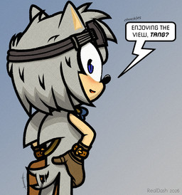 bag blush clothing dialogue eyewear eyewear_on_head gloves goggles goggles_on_head gradient_background hand_on_hip handwear kerchief looking_at_another looking_at_viewer looking_back male neckerchief neckwear onomatopoeia satchel simple_background smile solo sound_effects speech_bubble tail tail_motion tailwag text realdash sega sonic_the_hedgehog_(series) fan_character storm_the_hedgehog_(realdash) eulipotyphlan hedgehog mammal 2026 digital_media_(artwork) hi_res signature