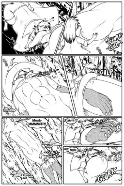 anthro bodily_fluids border claws duo feet forest fur male oral_vore plant saliva size_difference smaller_pred swallowing text toes tree vore white_border random-bard stacy_(random-bard) canid canine fox mammal mustelid musteline stoat true_musteline weasel 2022 english_text hi_res monochrome